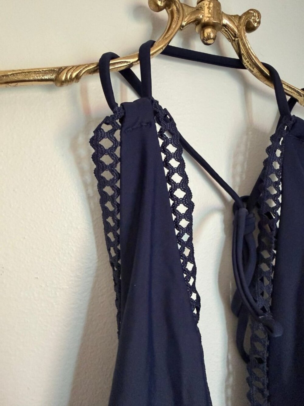 Aerie One Piece Swimsuit Small Blue Plunge Halter Crochet Trim - Picture 5 of 8